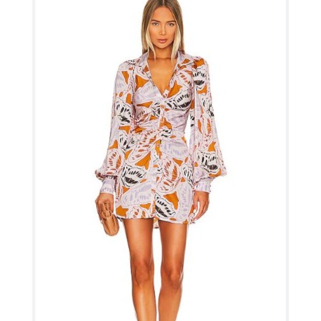 For Love & Lemons Size Xs Esmeralda Mini Dress Shirtdress Blouson Sleeves Mod